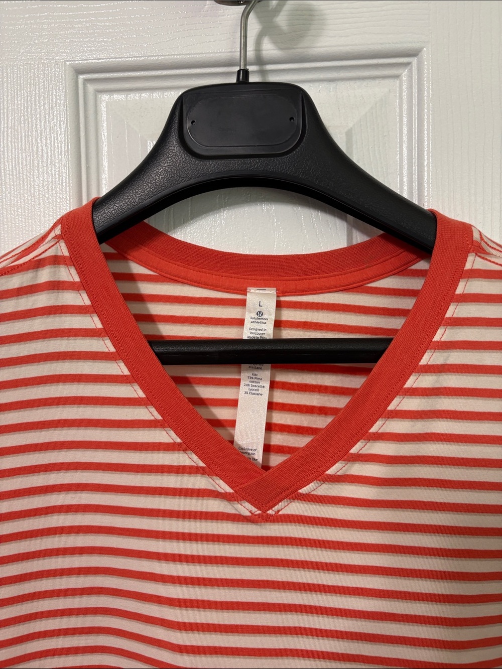 lululemon athletica Men's Orange and White Striped V-Neck Tee - Picture 2 of 10
